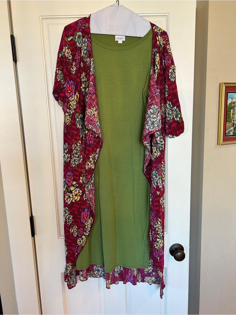 LuLaRoe Olive Green Midi Dress with Magenta Floral Duster
